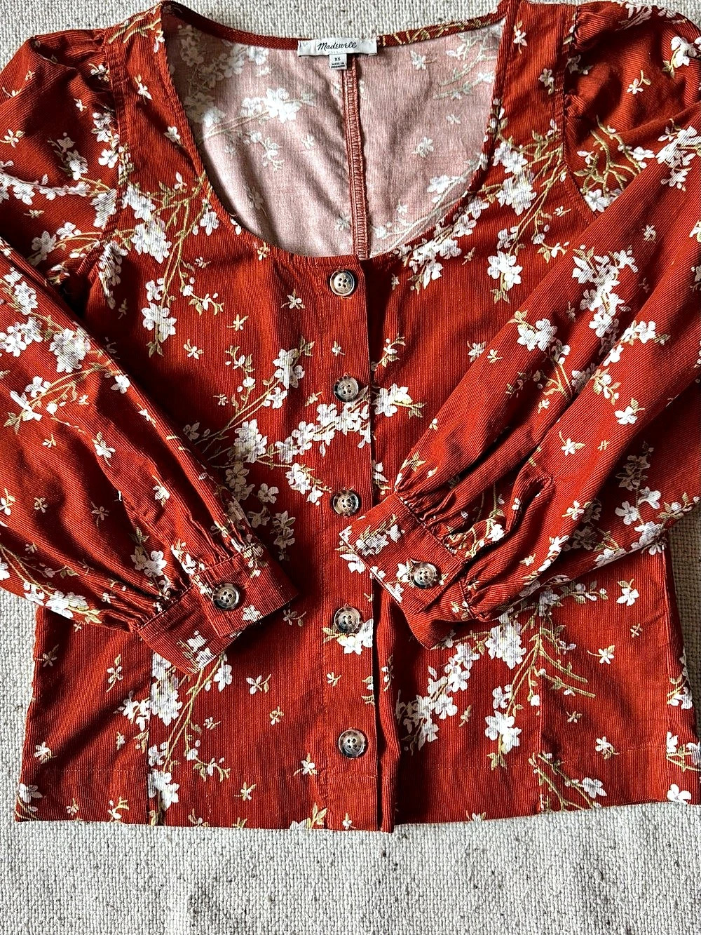 Madewell XS Farmstand Bouquet Floral Corduroy Puff Sleeve Button Front Top